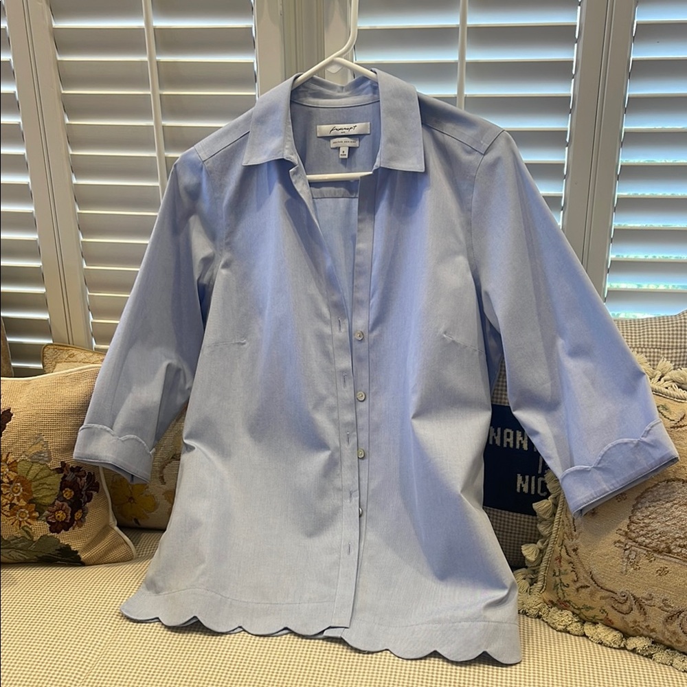 Light Blue Button-Up Blouse with Scalloped Hem